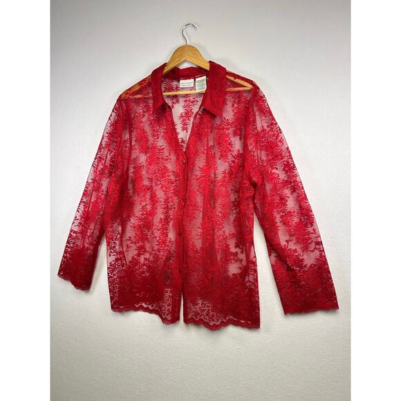 Vintage White Stag Womens Red Sheer Lace Blouse Long Sleeve Top 22w/24w - Picture 4 of 9